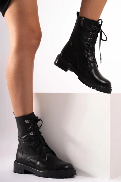 Hakiki Deri Kadın Uzun Bot Yanı Fermuarlı Dikişli Bağcıklı Postal - Resim 10