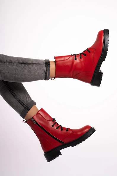 Hakiki Deri Kadın Uzun Bot Yanı Fermuarlı Dikişli Bağcıklı Postal - Resim 7