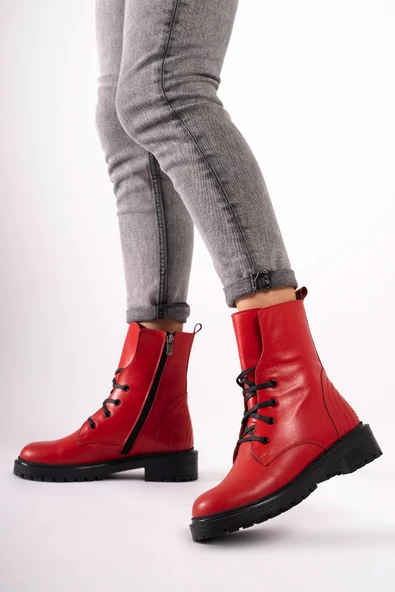 Hakiki Deri Kadın Uzun Bot Yanı Fermuarlı Dikişli Bağcıklı Postal - Resim 2