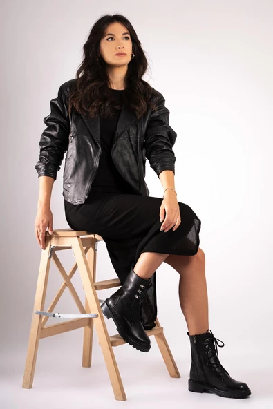 Hakiki Deri Kadın Uzun Bot Yanı Fermuarlı Dikişli Bağcıklı Postal - Resim 8