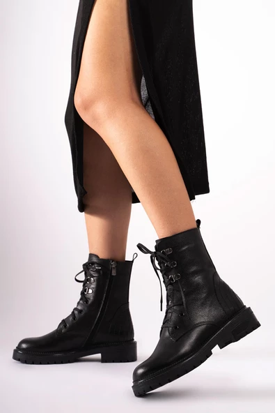 Hakiki Deri Kadın Uzun Bot Yanı Fermuarlı Dikişli Bağcıklı Postal - Resim 9