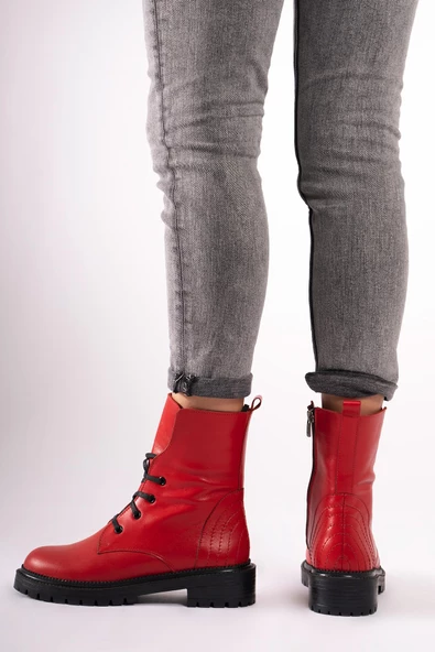 Hakiki Deri Kadın Uzun Bot Yanı Fermuarlı Dikişli Bağcıklı Postal - Resim 5