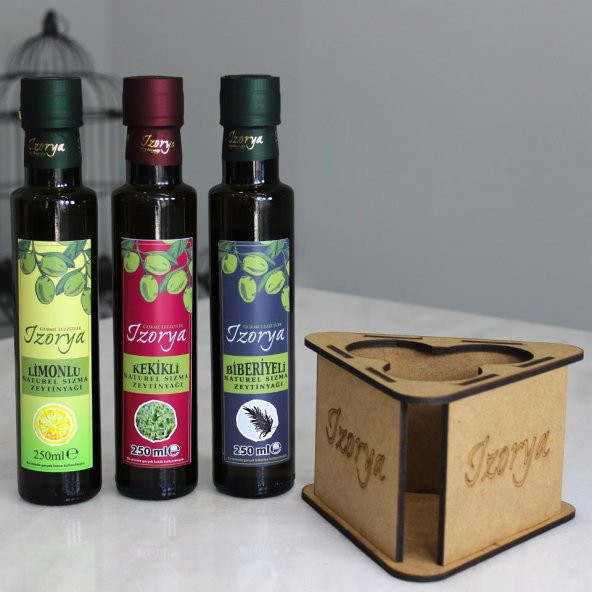 İzorya 3lü Stantlı Çeşnili Zeytinyağı Seti Kekikli, Limonlu ve Biberiyeli Zeytinyağı Seti 3×250 ml Lazer Kesim Stantlı