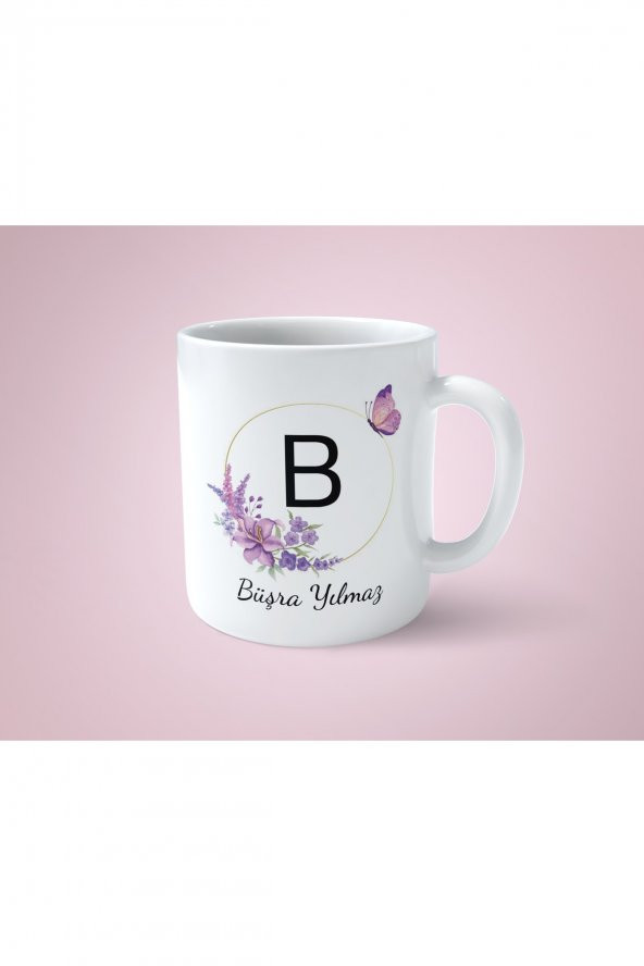 Kişiye Özel B Baş Harfli Isimli Mor Çerçeveli Beyaz Kupa Bardak-1 - 1