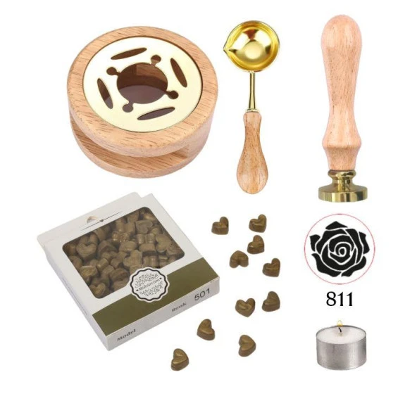 Davetiye Mum Mühürü Uygulama Seti Ahşap Rengi 811 Gül Desen ürün görseli