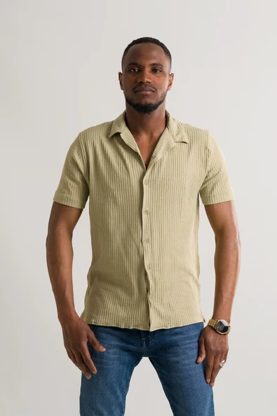 Slimfit Kısa Kol Yazlık Likralı Çizgili Erkek Triko Gömlek - Resim 12