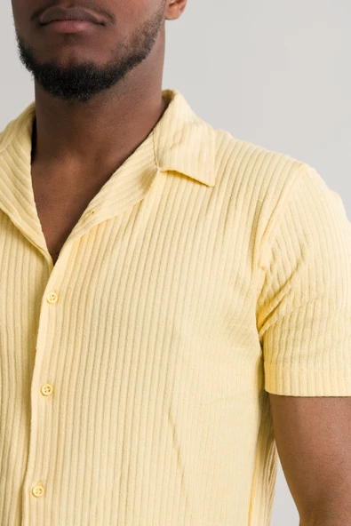 Slimfit Kısa Kol Yazlık Likralı Çizgili Erkek Triko Gömlek - Resim 10