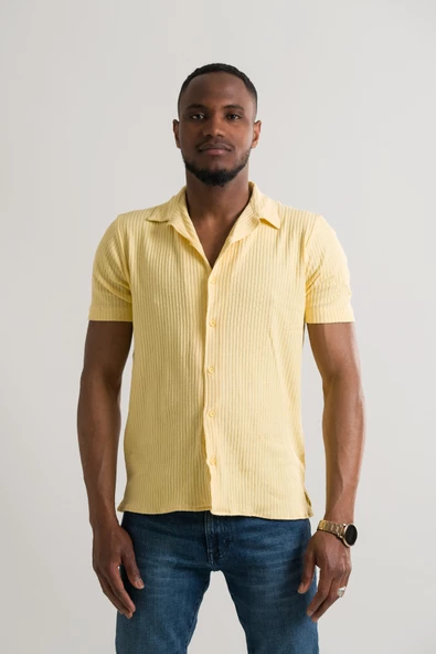 Slimfit Kısa Kol Yazlık Likralı Çizgili Erkek Triko Gömlek - Resim 8