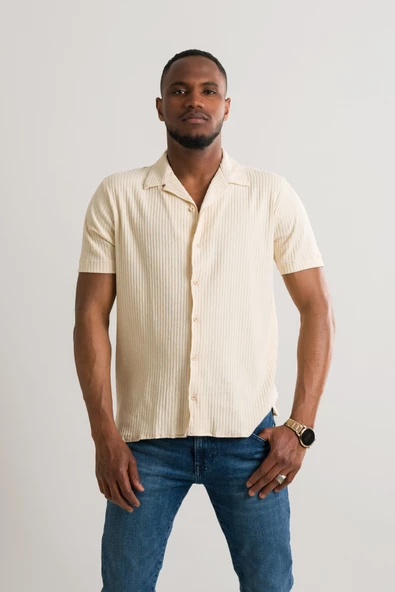 Slimfit Kısa Kol Yazlık Likralı Çizgili Erkek Triko Gömlek - Resim 5