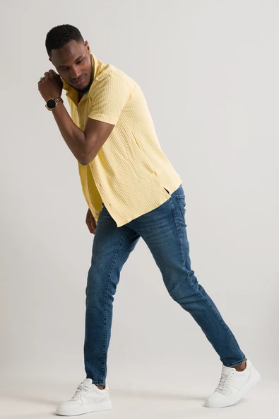 Slimfit Kısa Kol Yazlık Likralı Çizgili Erkek Triko Gömlek - Resim 6