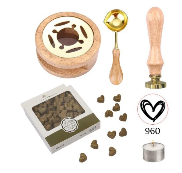 Davetiye Mum Mühürü Uygulama Seti Ahşap Rengi 960 Kalp
