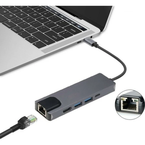 TYPE C TO PD+SSX2+HDTV+TYPE C+RJ45 ÇEVİRİCİ ADAPTER 5 PORT - Resim 4