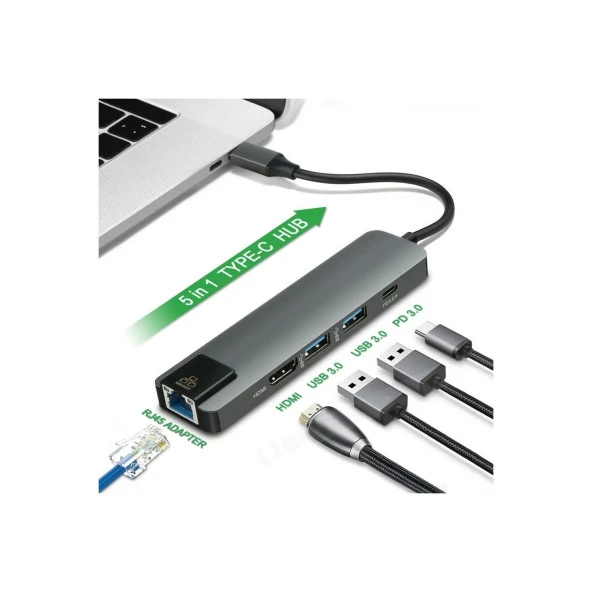 TYPE C TO PD+SSX2+HDTV+TYPE C+RJ45 ÇEVİRİCİ ADAPTER 5 PORT - Resim 5