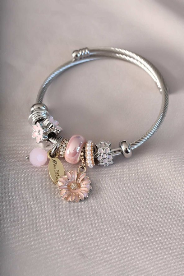 Pembe Renkli Papatya Figürlü Charm Bileklik - Bj-bb4333