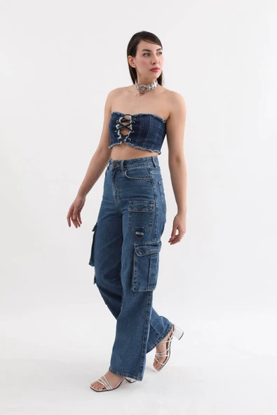 Kadın Baggy Kalıp Kargo Cepli Jean Pantolon Mavi