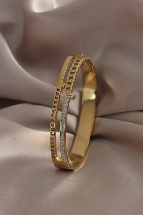 316l Çelik Gold Renk Burgu Model Zirkon Taşlı Kadın Kelepçe - Bj-bb4844