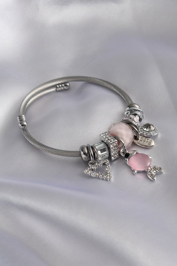 Gümüş Pembe Renk Balık Figür Zirkon Taşlı Charm Model Kadın Bileklik - Bj-bb4963