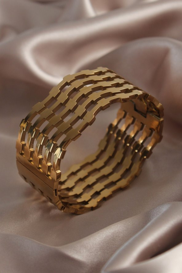 316l  Çelik Gold Renk Kalın Dalga Model Kadın Kelepçe - Bj-bb5006