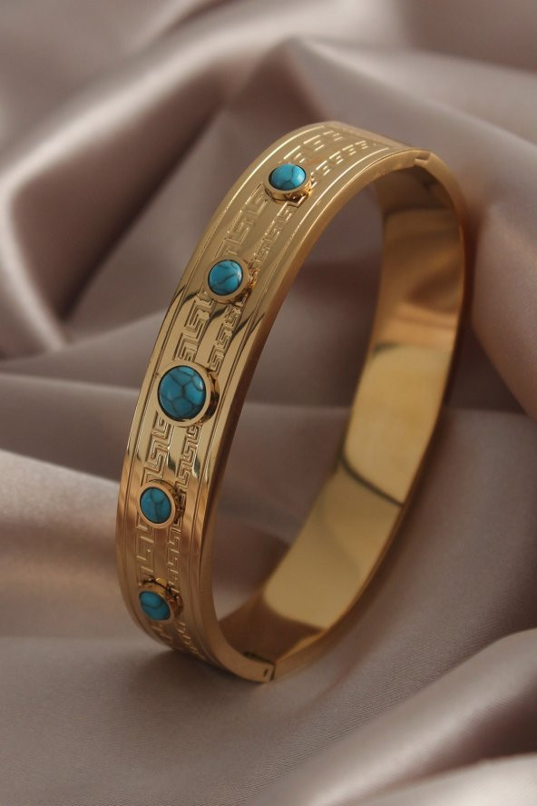 316l  Çelik Gold Renk Mavi Taşlı İşleme Detay Kadın Kelepçe - Bj-bb5012