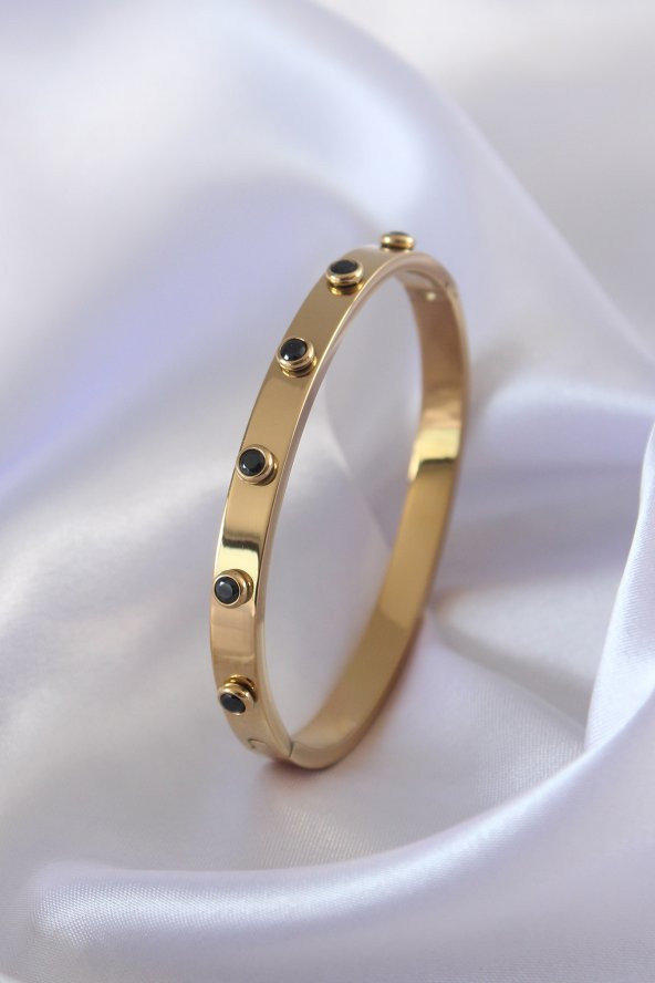 316l Çelik Gold Renk Siyah Zirkon Taşlı Kadın Kelepçe - Bj-bb5023