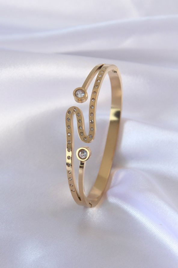 316l Çelik Gold Renk Zirkon Taşlı Kadın Kelepçe - Bj-bb5043