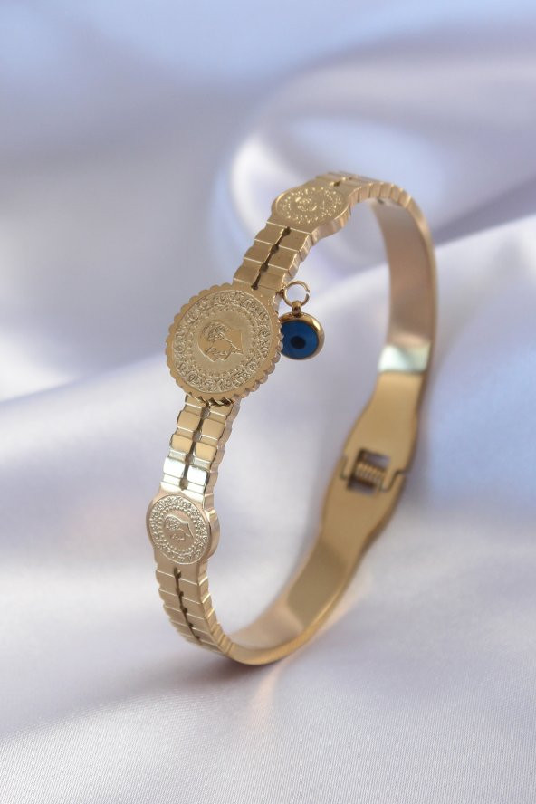 316l Çelik Gold Renk Atatürk İşeleme Nazar Boncuk Model Kadın Kelepçe - Bj-bb5148