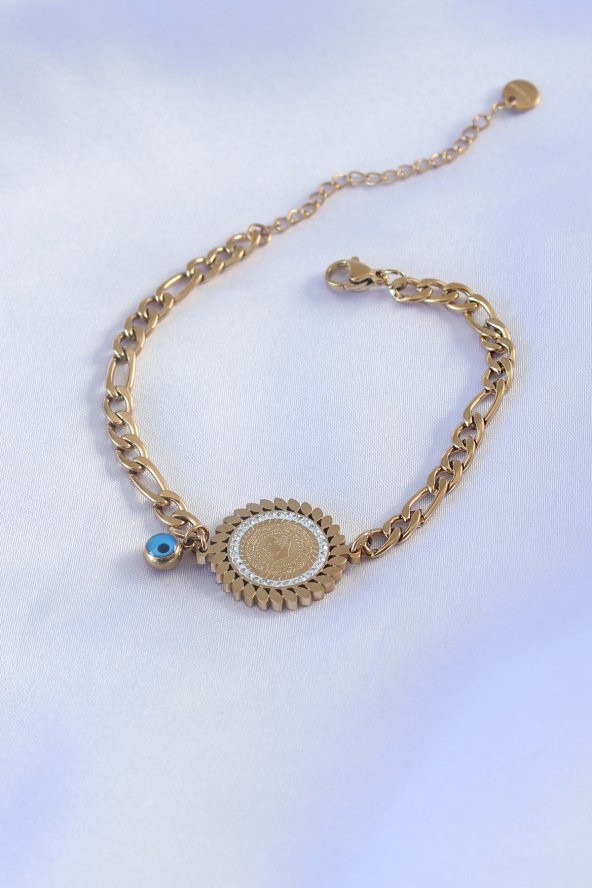 316l Çelik Gold Renk Zincir Model Atatürk İşleme Zirkon Taşlı Kadın Bileklik - Bj-bb5157