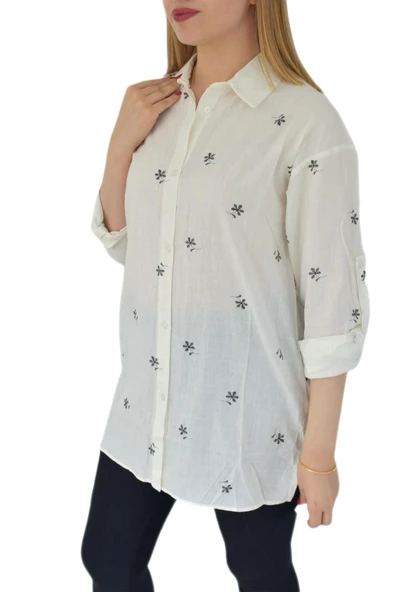 Kadın Krem Çiçekli Gömlek 71321 BGL-ST02905 - Resim 3