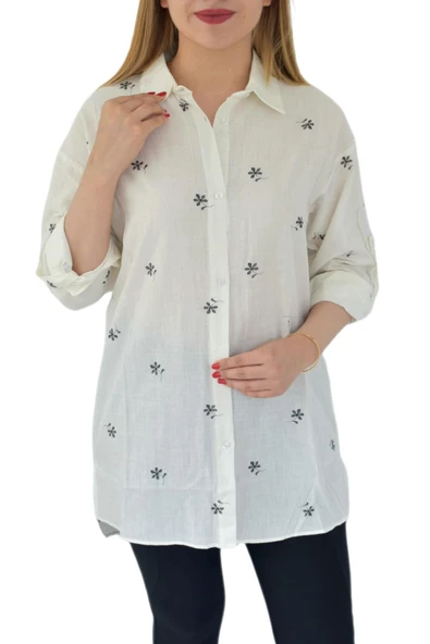 Kadın Krem Çiçekli Gömlek 71321 BGL-ST02905 - Resim 5