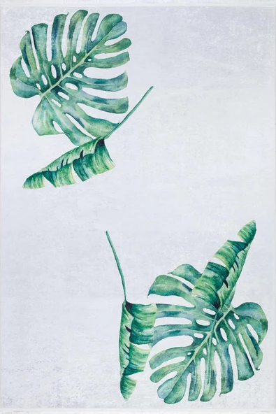 Yaprak Desenli Yıkanabilir Pamuk Taban Dekoratif Halı  BEYAZ 200X290