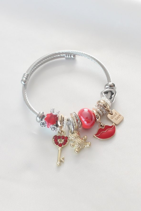 Kırmızı Renk Anahtar Figür Ayıcık Detay Çelik Charm Kadın Bileklik - Bj-bb4555
