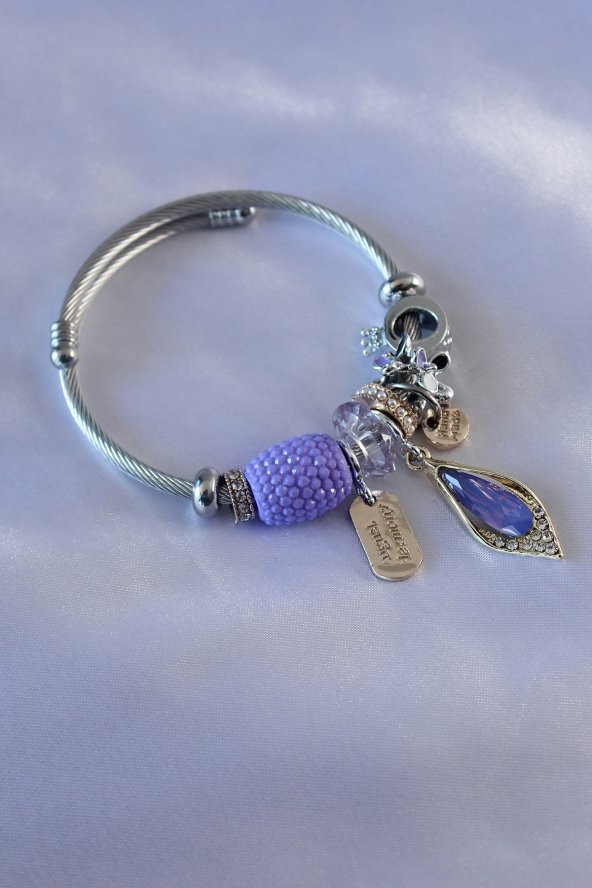 Mor Renk Kristal Taşlı Yaprak Model Zirkon Taşlı Charm Model Kadın Bileklik - Bj-bb5210