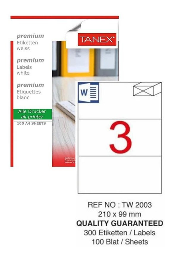 Bilgisayar Etiketi Tw-2003 210x99 mm 100 Lü Lazer Etiket 1 Paket Tanex Davetiye Kargo Koli Kutu Etiketi