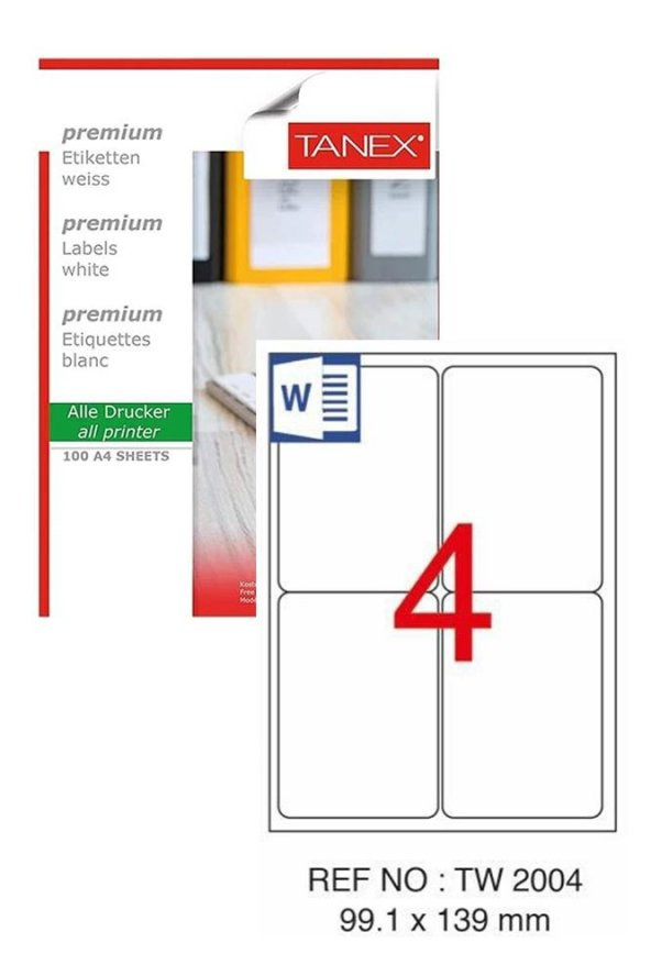 Bilgisayar Etiketi Tw-2004 99,1x139 mm 100 Lü Lazer Etiket 1 Paket Tanex Davetiye Kargo Koli Kutu Etiketi