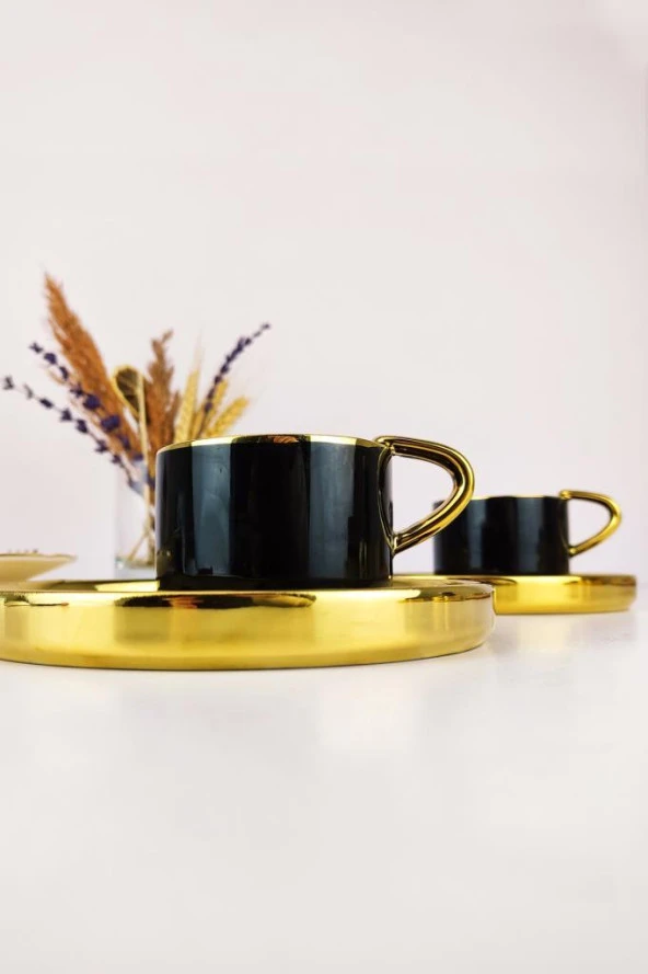 Digithome Kosova Porselen 2 Kişilik Yaldızlı Kahve Fincan Takımı Siyah - İST-85 - Resim 2