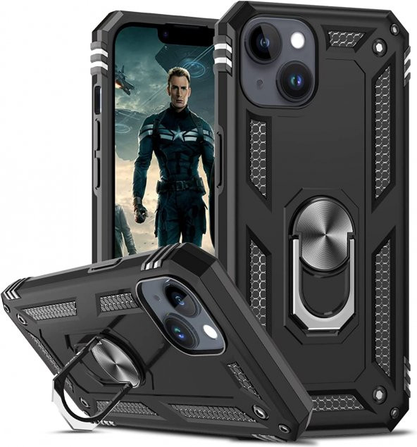 Apple Iphone 14 Tank Kılıf Kamera Çıkıntılı Yüzüklü Standlı Koruyucu Tank Kapak