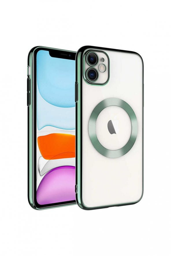 Apple Iphone 11 Kılıf  Magsafe Destekli Kenarları Renkli Sert Kapak Magsafe Kılıf Şeffaf Renkli