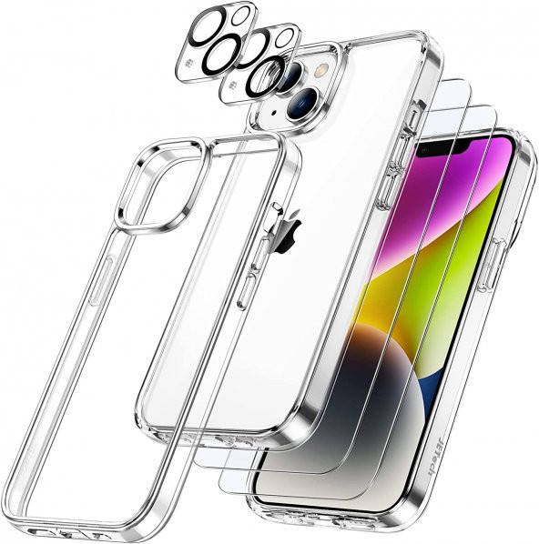 iPhone 14 Plus Şeffaf Kılıf / Kamera Koruyucu / Ekran Koruyucu Üçlü Set - Nano Cam Sararmaz Kılıf