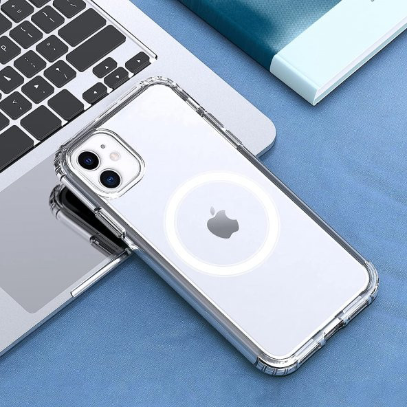 Apple Iphone 11 Kılıf  Magsafe Destekli Kenarları Renkli Sert Kapak Magsafe Kılıf Şeffaf Renkli