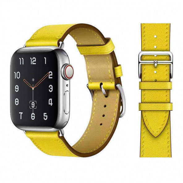 Bagies Apple Watch Hermes Deri Kordon 2/3/4/5/6/7/8/se/Ultra 42mm 44mm 45mm 49mm Uyumlu Kayış - Sarı