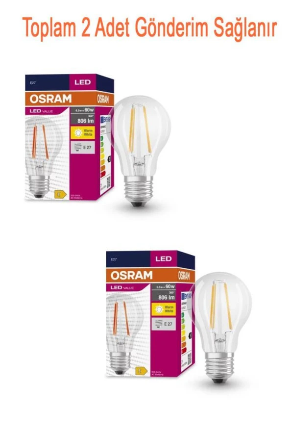 Osram Ledvalue 7W (60W) Rustik Led Ampul Sarı 2700K - 2 Adet