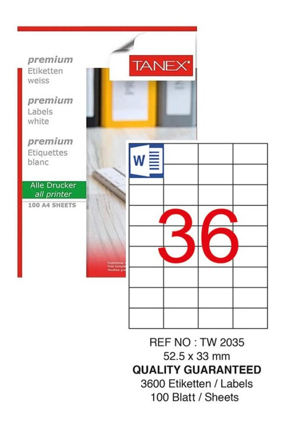 Bilgisayar Etiketi Tw-2035 52,5x33 mm 100 Lü Lazer Etiket 1 Paket Tanex Davetiye Kargo Koli Kutu Etiketi