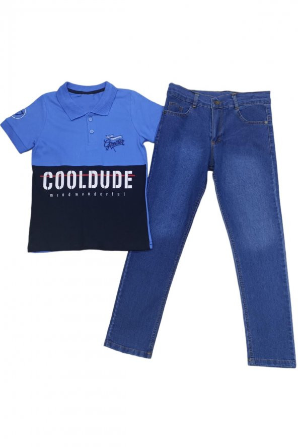 Erkek Çocuk Cool Dude Yazı Desenli Polo Yaka Tişört Kot Pantolon Takımı Mavi