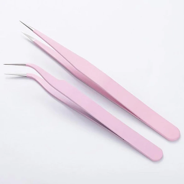 İkili Cımbız Seti Paslanmaz Çelik Pembe Renk Düz ve Kavisli Model - Resim 4
