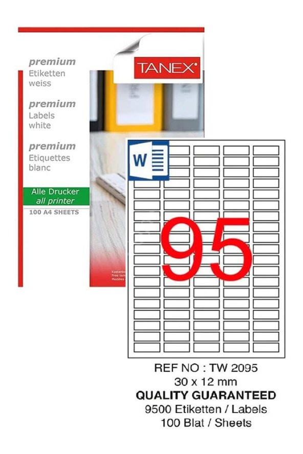 Bilgisayar Etiketi Tw-2095 30x12 mm 100 Lü Lazer Etiket 1 Paket Tanex Davetiye Kargo Koli Kutu Etiketi