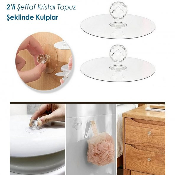 Çok Amaçlı 2li Kristal Topuz Kendinden Yapışkanlı Çekmece Kulpu 2li Yapışkan Askı Tutucu Şeffaf Askı
