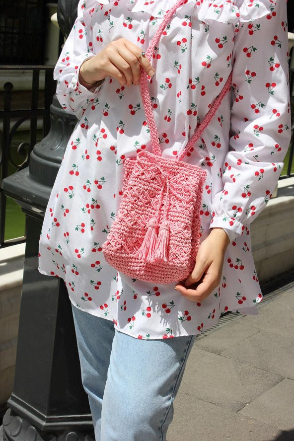 El Örgüsü Hasır Pembe Askılı Çanta - 2