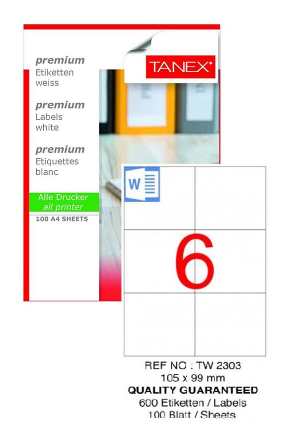 Bilgisayar Etiketi Tw-2303 105x99 mm 100 Lü Lazer Etiket 1 Paket Tanex Davetiye Kargo Koli Kutu Etiketi