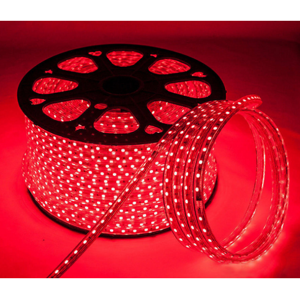 220 Volt 5050 3 Çipli Hortum Led + Fiş -10 Mt- Kırmızı