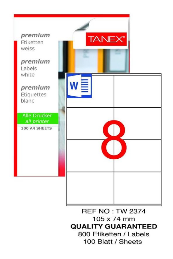 Bilgisayar Etiketi Tw-2374 105x74,25 mm 100 Lü Lazer Etiket 1 Paket Tanex Davetiye Kargo Koli Kutu Etiketi